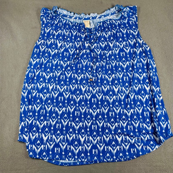 Boho Ikat Print Ruffle Neck Tank Size 2X Flowy Blue White Tie Front Summercore - Picture 1 of 5